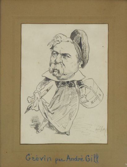 null André GILL (1840-1885).

Portrait d'Alfred Grévin.

Dessin au lavis d'encre,...