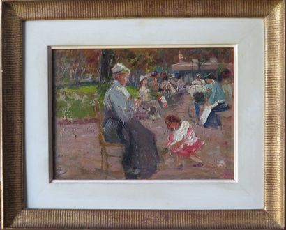 null Elie Anatole PAVIL (1873-1944).

Paris, scène de jardin public.

Huile sur panneau,...