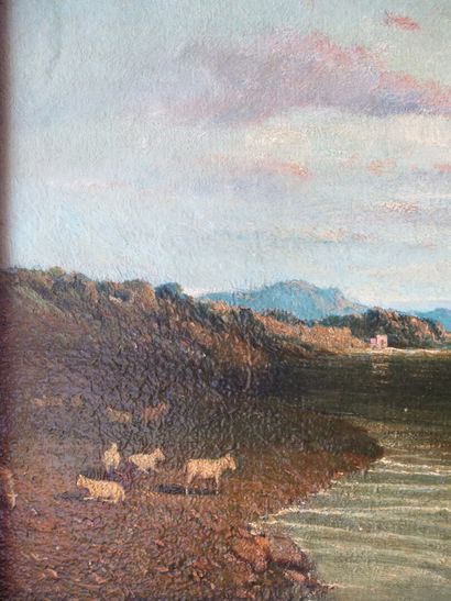 null William LINTON (1791-1876).

A roman river scene, bord de rivière en Italie.

Huile...
