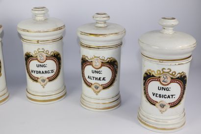 null PARIS.

Suite de cinq pots à pharmacie en porcelaine à décor polychrome d'inscriptions...