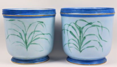 null PARIS.

Paire de cache-pots en porcelaine à décor floral sur fond bleu.

Epoque...