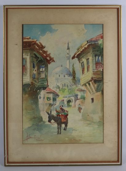 null Ecole orientaliste du début du XXème siècle.

Istanbul, la rue près de la Mosquée.

Aquarelle,...