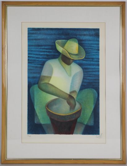 null Louis TOFFOLI (1907-1999).

Homme mexicain, devant un pot de terre.

Lithographie,...