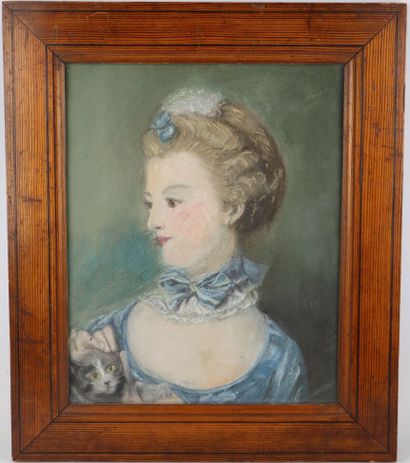 null Ecole française vers 1900.

Portrait de femme au chat, dans le goût du XVIIIème...