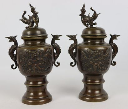 null JAPON, époque Meiji.

Paire de vases couverts en bronze à patine brune 

H_21,5...