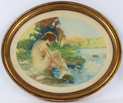 null Eugène DELECLUSE (1882-1972).

Toilette à la rivière.

Estampe en couleurs,...