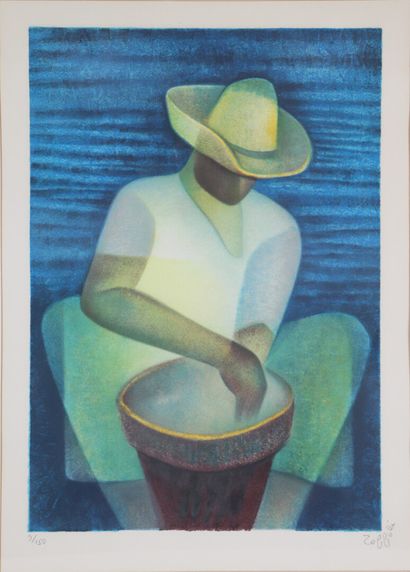 null Louis TOFFOLI (1907-1999).

Homme mexicain, devant un pot de terre.

Lithographie,...