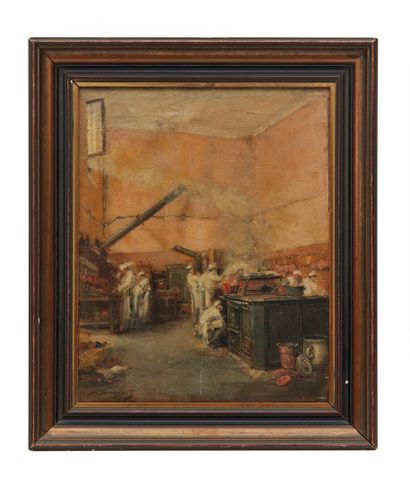null Denis Pierre BERGERET (1846-1910).

 Les marmitons en cuisine.

Huile sur toile,...
