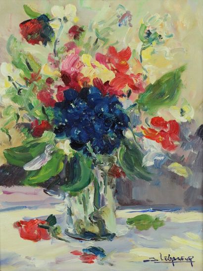 null Jean LEVASSEUR (né en 1935).

Bouquet à l'hortensia bleu.

Huile sur toile signée...
