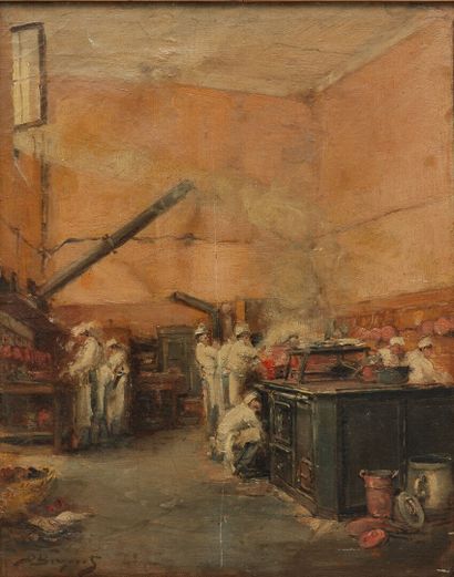 null Denis Pierre BERGERET (1846-1910).

 Les marmitons en cuisine.

Huile sur toile,...
