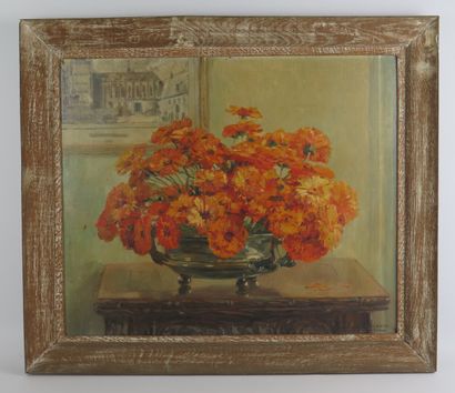 null Pauline CASPERS (act.1890-1912).

Bouquet de zinnias sur un entablement.

Huile...