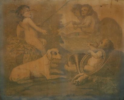 null Ecole française vers 1900.

Angelots dans des nuées et avec un chien de chasse.

Paire...