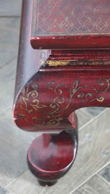 null CHINE, vers 1900.

Table basse rectangulaire en bois et laque rouge.

légères...