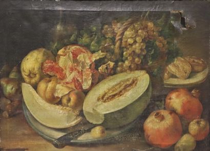 null Ecole française du XIXème siècle.

Nature morte aux fruits et légumes. 

H_50,5...