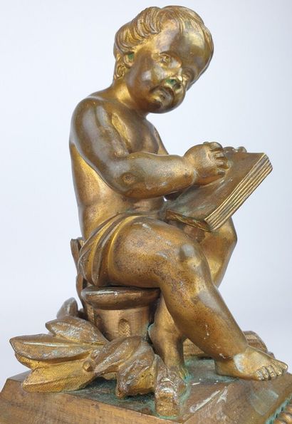 null Paire de sculptures en bronze doré à décor d'enfants à l'écriture et à la lecture,...