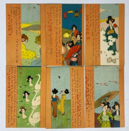 null D'après Raphael KIRCHNER (1875-1917).

Suite de six cartes postales japonistes,...