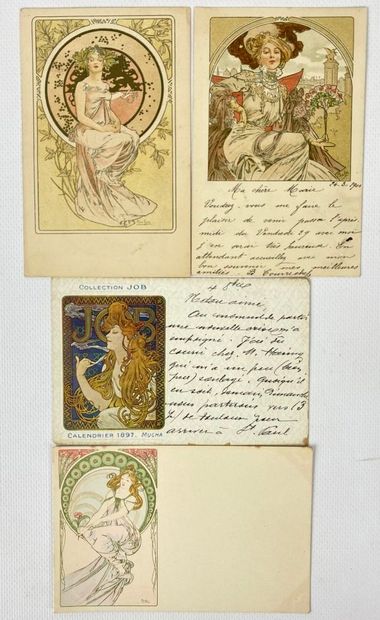 null D'après Alfons MUCHA (1860-1939).

Réunion de quatre cartes postales Art Nouveau,...