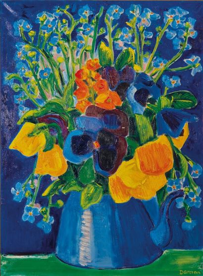 null Hubert DAMON (1935-2020).

Bouquet de fleurs, fond bleu.

Huile sur toile, signée...