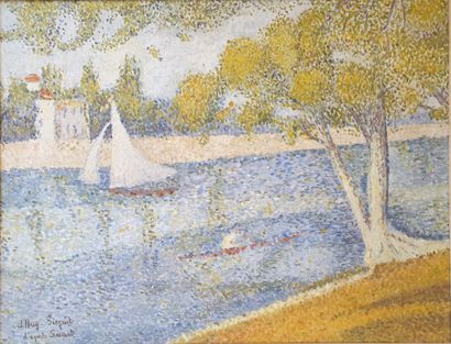 null Georges SEURAT (1858-1891), d'après.

Le canal, avec kayak et petit bateau à...