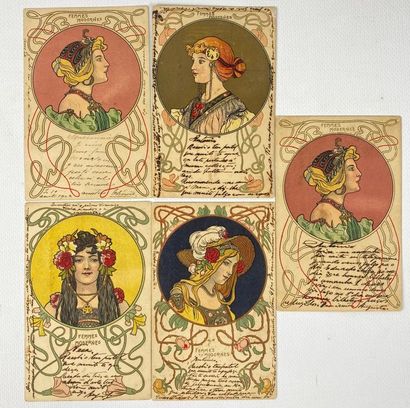 null Editées par Emile STORCH, à Vienne.

Suite de cinq cartes postales Art Nouveau,...