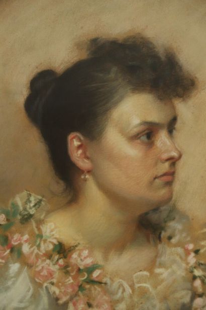 null Léon-Emile JARDON (né en 1862).

Portrait de femme à la robe fleurie.

Pastel,...