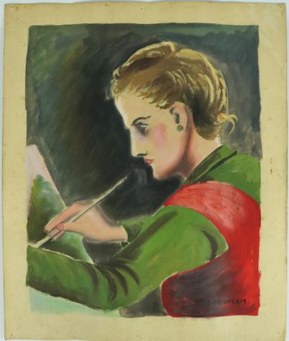 null Yves MOISAN (1908-1976). 

Portrait de femme peintre.

Technique mixte sur papier,...