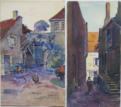 null Etienne GAUDET (1891-1963).

Nevers, ruelle et cour animée.

Deux aquarelles,...