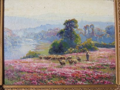 null Edouard PAIL (1851-1916).

Gardienne de moutons dans la bruyère, avec au fond...