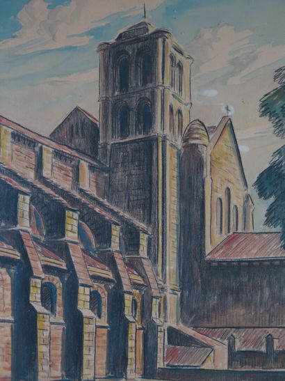 null Jean PIERRON (né en 1923).

La cathédrale de Vézelay.

Aquarelle et crayon gras.

Signée...
