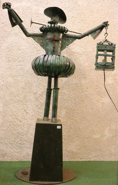 null Importante sculpture en bronze et métal à patine verte et rouge figurant Don...