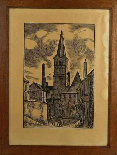 null André DESLIGNERES (1880-1968).

La Charité sur Loire.

Gravure sur bois, signée...