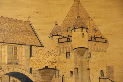 null Paire de panneaux en bois pyrogravé figurant Nevers, la Loire pour l'un et Nevers,...