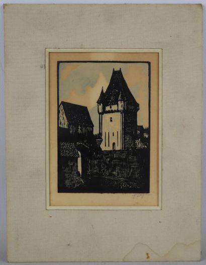 null François SAGE (né en 1901). 

Nevers, la Porte du Croux.

Xylogravure, signée...
