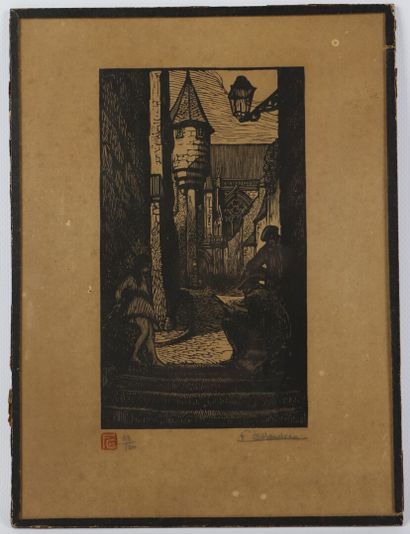 null Fernand CHALANDRE (1879-1924).

Nevers, rue de la cathédrale, 1920.

Bois gravé.

Signé...
