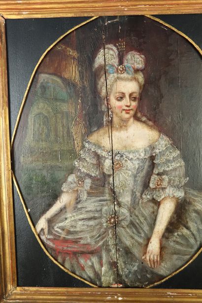 null Ecole du XIXème siècle.

Portrait d'une élégante, à la manière du XVIIIème siècle.

Huile...