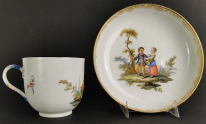 null MEISSEN.

Tasse et sa sous-tasse en porcelaine, à décor polychrome de jeux d'enfants.

XVIIIème...