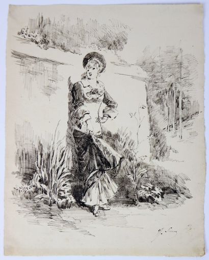 null Henry SOMM (1844-1907). 

Elégante au jardin. 

Encre sur papier. 

Signée en...