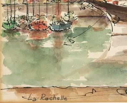 null F. ROTSTADT (XXe siècle). 

Vue du port de la Rochelle. 

Aquarelle et encre...