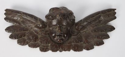 null Tête d'ange en bois sculpté, en applique.

XVIIème siècle.

L_27,5 cm