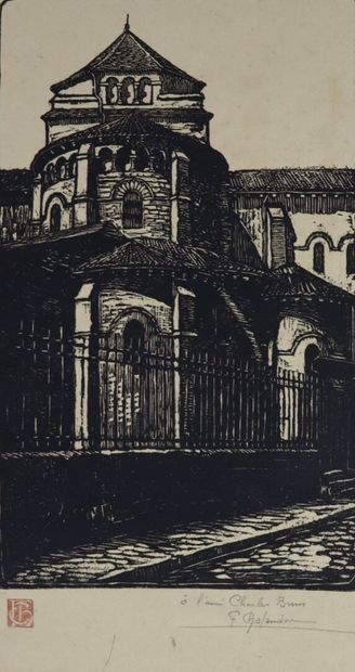 null Fernand CHALANDRE (1879-1924).

L'église Saint Etienne.

Gravure en noir, signée...