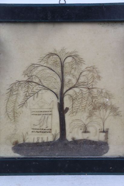 null Travail de cheveux figurant un saule, et des caisses à arbres.

Daté 1851 dans...