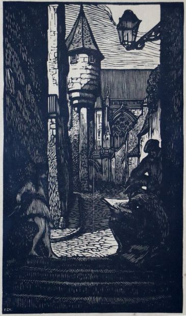 null Fernand CHALANDRE (1879-1924).

Nevers, cathedral street, 1920.

Engraved wood.

Signed...