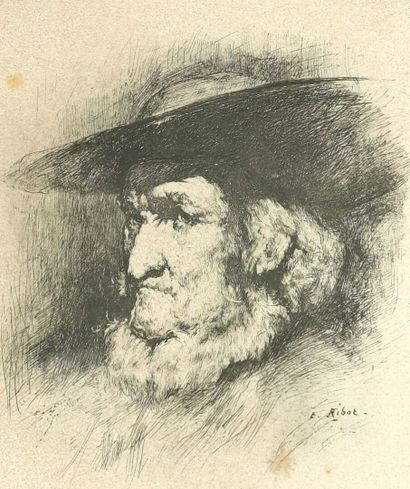 null Théodule RIBOT (1823-1891). 

Homme au chapeau. 

Eau-forte. 

Signée dans la...