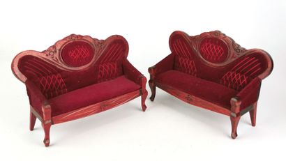 null Meeting of doll furniture including :

- pair of Napoleon III style sofas upholstered...