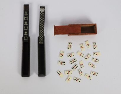 null Miniature dominoes game and two toothpick boxes in black lacquered wood with...