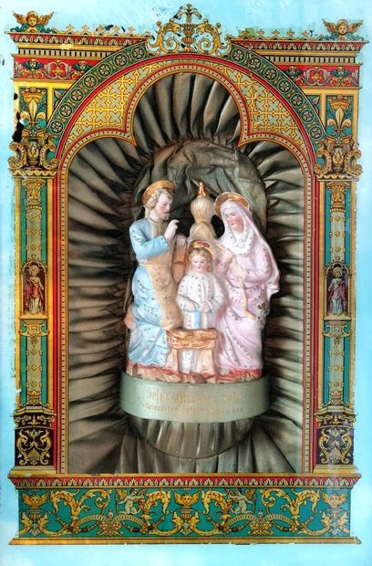 null Diorama musical figurant la Sainte Famille en porcelaine émaillée polychrome,...