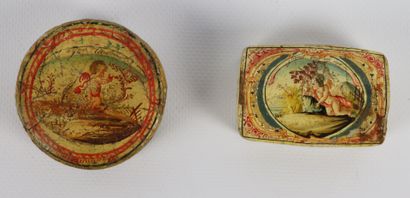 null Two bergamot (citron bark) polychrome boxes, the lids with painted decoration...