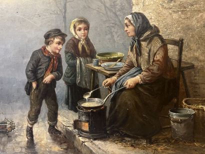 null A. LEONARD (XIXème-XXème siècle). 

Enfants à la luge et enfants au souper....