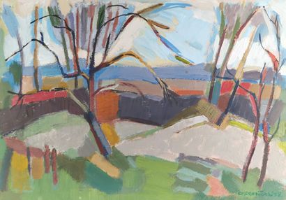 null Adrianus REMIËNS (1927).

Landscape with trees.

Oil on paper pasted on wood...