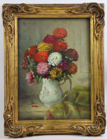 null Gustave BARRIER (1871-1953).

Bouquet de zinnias.

Huile sur panneau, signée...